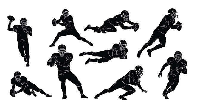 Collection of dynamic black and white vector illustrations depicting various american football player actions