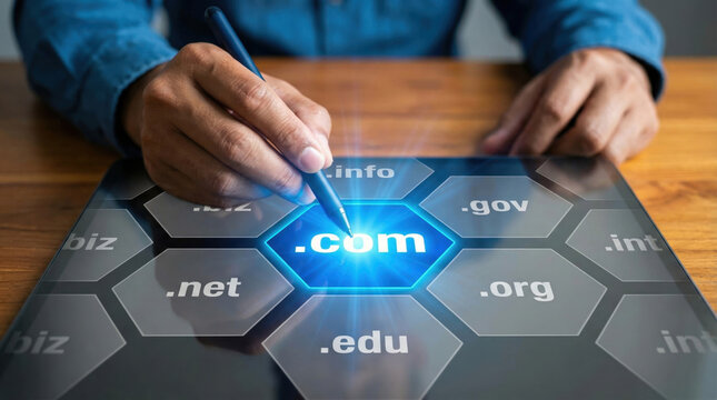 Person selecting a com domain on a digital interface with various domain extensions on a wooden desk