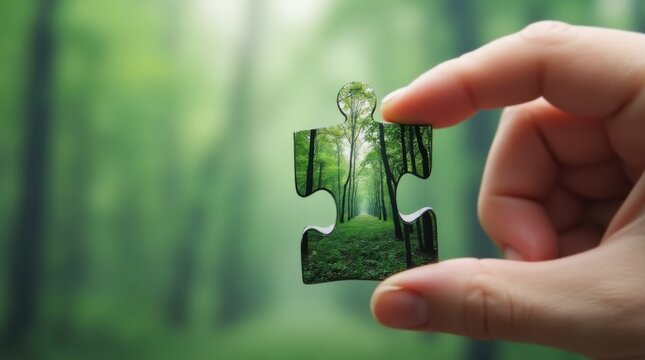 A hand holds a single puzzle piece showing a green forest scene preparing to connect it to the main puzzle 
