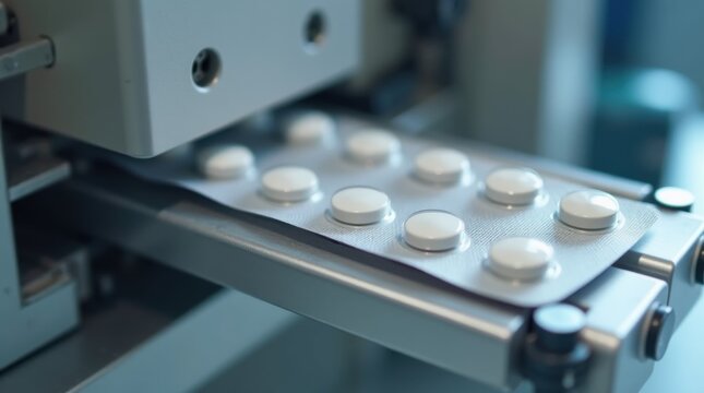A pharmaceutical blister packaging machine sealing tablets. 
