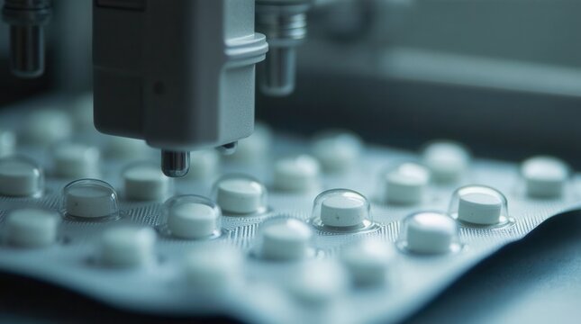 A pharmaceutical blister packaging machine sealing tablets. 
