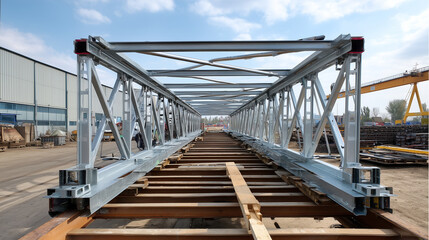 Obraz premium partially assembled modular bridge structure, segments aligned but disconnected, industrial site daylight