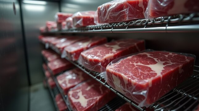 Vacuum-sealed packs of fresh raw beef meat on industrial wire shelves in a commercial cold storage room or walk-in freezer 
