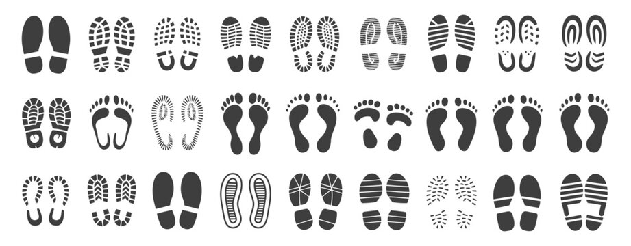 Human Footprints black vector silhouettes of foot imprints boot footsteps shoe sneaker tracks male female high heel barefoot adult children sand beach walking steps flat minimal design