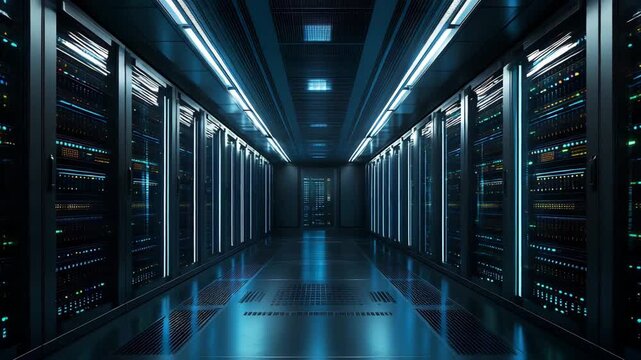 Data center server room with rows of computer racks