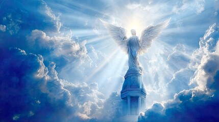 Obraz premium Angel statue standing in light filled heaven with clouds
