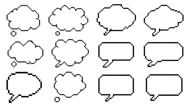 Pixel art cloud speech bubble vector set with 8 bit comic text boxes, retro game dialogue, thought bubbles, chat boxes with shadow, pixelated messaging elements isolated on white