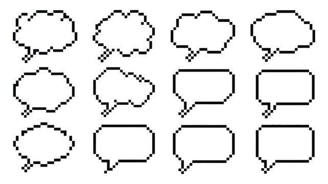 Pixel art cloud speech bubble vector set with 8 bit comic text boxes, retro game dialogue, thought bubbles, chat boxes with shadow, pixelated messaging elements isolated on white