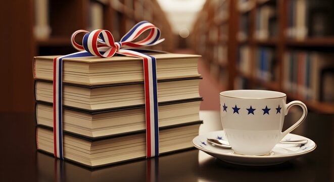 Independence day celebration with patriotic books and tea