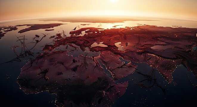 Global energy crisis concept with cracked earth and power lines at sunset