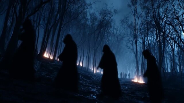 Eerie hooded figures in dark robes walk through a mysterious, moonlit forest path at night, illuminated by glowing fires.