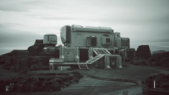 field medical bay near approach road, triage tents and compact clinic module, stretcher bays and supply lockers, oxygen units and diagnostic monitors, emergency