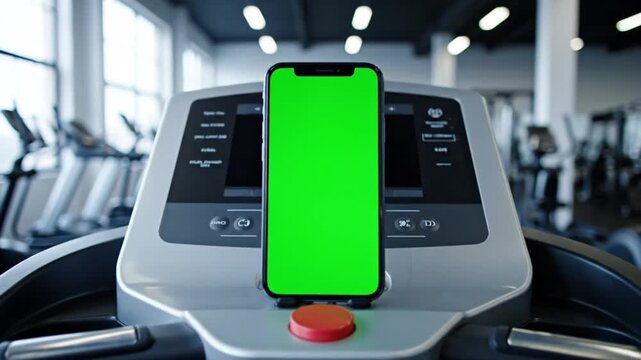 Green screen smartphone prominently placed on a modern treadmill in a well-equipped fitness center, ideal for showcasing interactive health applications or digital media during a workout session