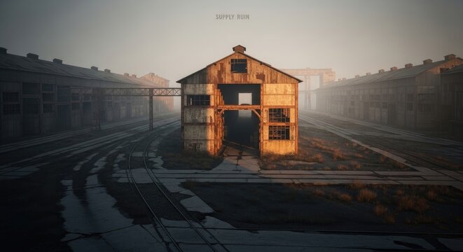 Abandoned industrial warehouse with rusting metal and overgrown train tracks