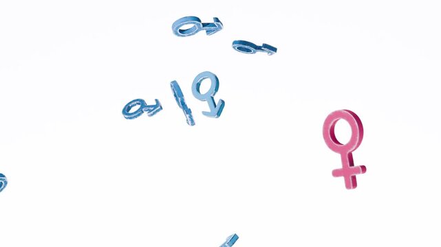 3d male symbols grouping and turning toward female symbol blue icons arrows convergence attraction gender interaction concept animation