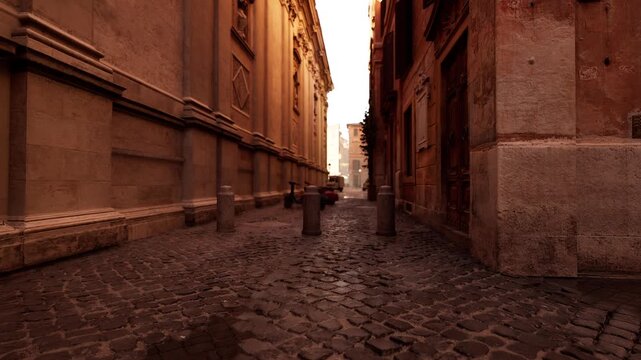 empty rain soaked alley with reflective puddle along cobbled path, tall stucco walls, distant light and moody wet textures, atmospheric urban stillness