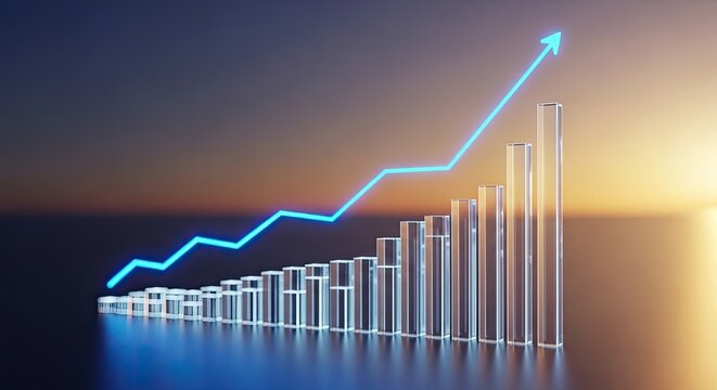 Glass bar chart with rising blue line graph indicating growth