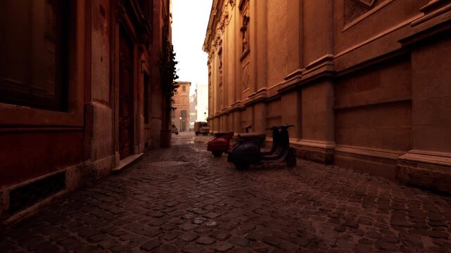 empty shadowed narrow alley with cobbles and high walls, bollards framing vanishing perspective, textured stones and cinematic dusk atmosphere