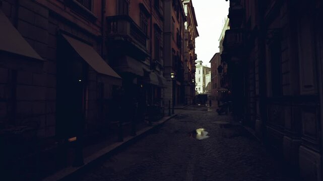 Empty narrow stone street at dusk, puddle reflecting lantern glow, damp cobbles and deep shadows, distant light creating suspenseful mood, setting for detective