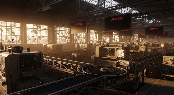 Abandoned factory interior with broken windows and job loss screens