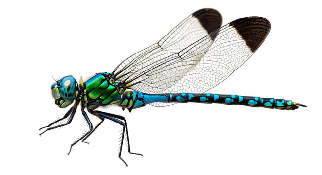 Detailed closeup profile view of a vibrant blue and green dragonfly with intricate wing patterns isolated on transparent background transparent background
