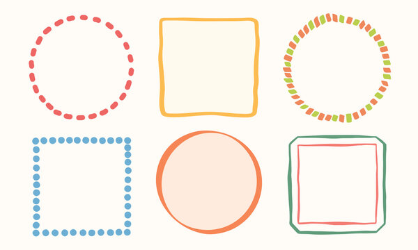 Colorful frames vector illustration set. Hand drawn circle and square borders with dotted, striped, double line edge styles. Minimal background templates for banner, label, card, social media