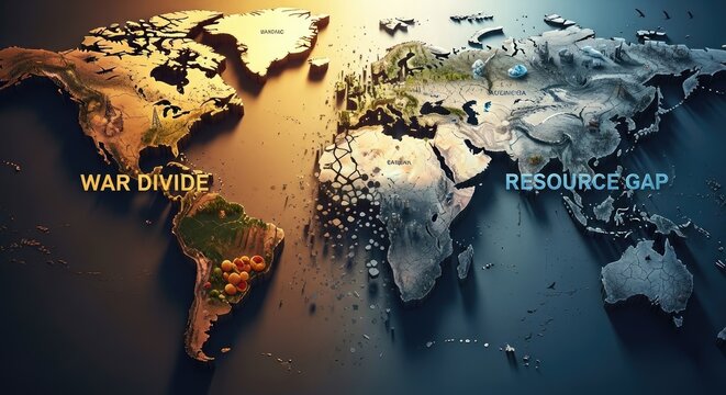 World map divided by war and resource scarcity with distinct climates