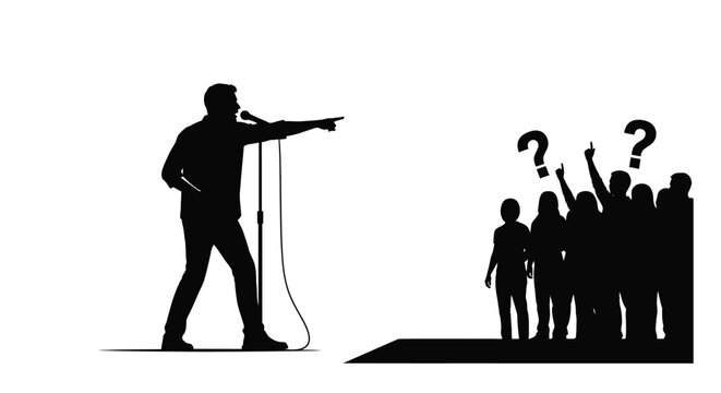 A singer performs gesturing towards a curious audience in black silhouette