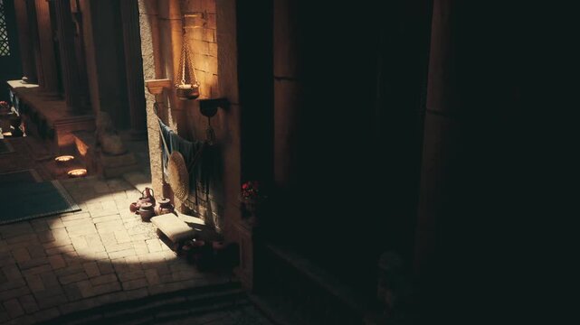 Dark stone corridor with distant sunlit arch and scattered braziers, heavy pillars framing narrow passage, deep shadows creating cinematic tension, textured