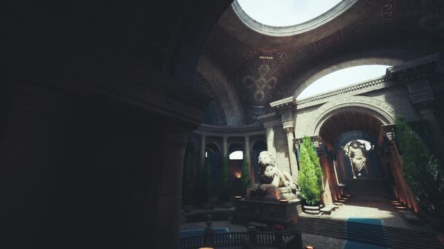 Moody rotunda passage with deep shadows, arched openings reveal sunlit courtyard beyond, towering columns and textured stone walls, subdued lantern glow,