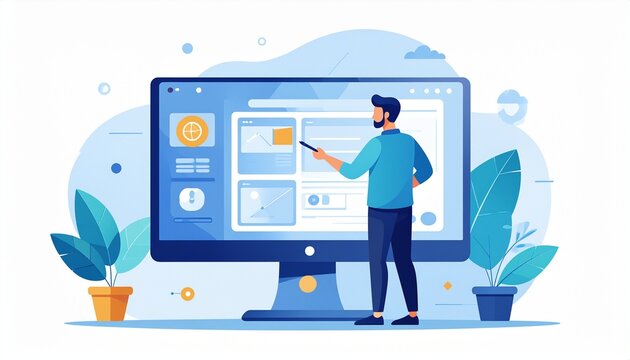 Man explaining digital content on computer screen, illustrating web development, online education, marketing, project management concept.