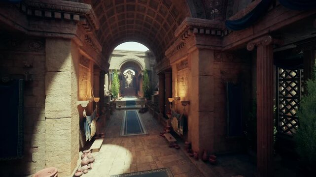 Sunlit cloister corridor lined with classical columns and marble lion sculptures, warm beams filtering through arches, lush potted plants creating tranquil