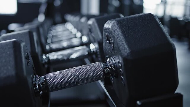A row of dumbbells on a rack in a gym