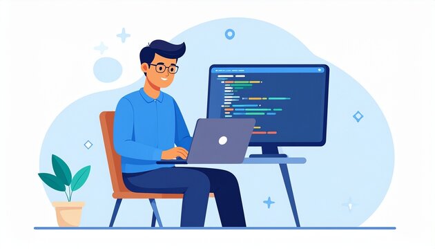 Young male programmer coding on laptop and desktop monitor. Software developer working on computer with lines of code. IT engineering.