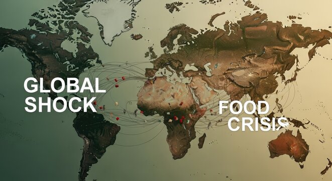 Global food crisis and shock depicted on world map with scattered distribution points