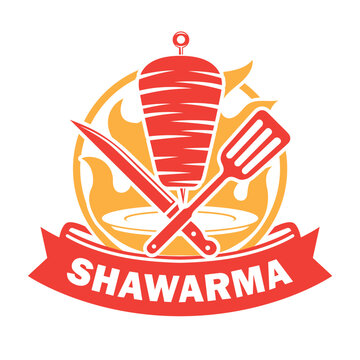 Shawarma Logo with Doner Kebab, Spatula and Knife Badge Vector Illustration