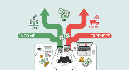 Flat minimalist illustration of small business owner managing cash flow b © Artbibun