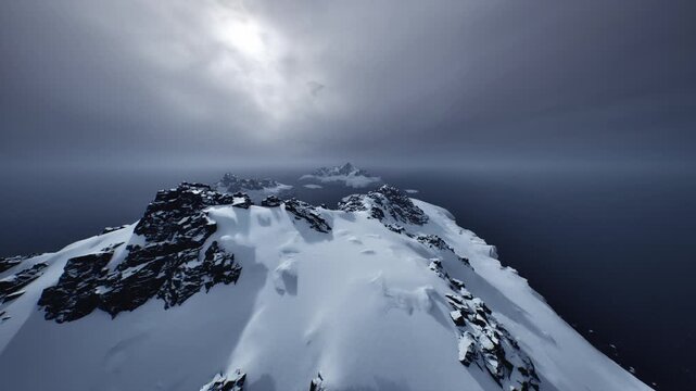 Minimalist snowy summit overlooking dark ocean, spare composition with stark rock silhouettes and expansive sky conveying isolation and raw elemental beauty,