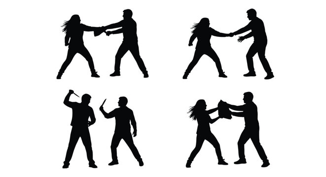 Collection of four vector graphic silhouettes illustrating self defense martial arts combat techniques and struggle