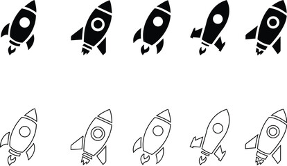 Rocket icons set. Space ship launch icon collection. Rocket ship launch concept. Space rocket launch with fire. Rocket simple icon flat style - stock vector. See Less. isolated on transparent backgrou © Rizwat