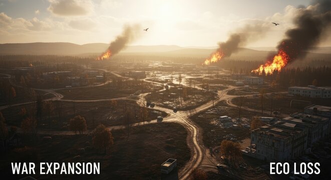 Aerial view of town with fires and smoke labeled war expansion