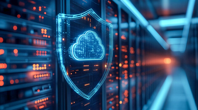 A modern data center with rows of server racks and a neon blue holographic cloud shield in the foreground, representing the concept of cybersecurity and cloud data protection.