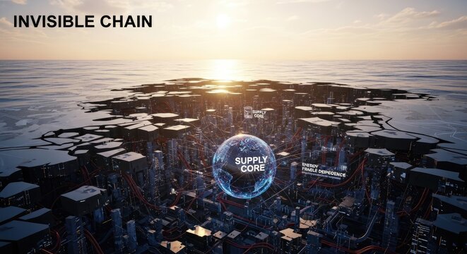 Abstract digital city network with glowing core symbolizing supply chain fragility