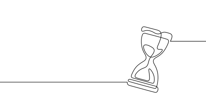 Continuous one line hourglass time sand glass hour clock watch icon. Hourglass one line drawing wait single countdown illustration abstract art concept outline logo background sandglass past linear.