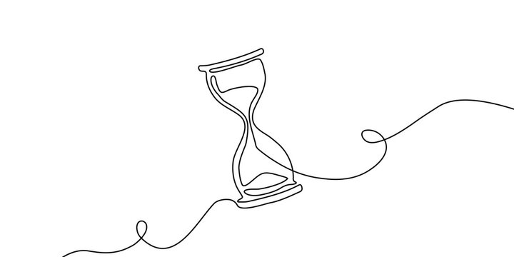 Continuous one line hourglass time sand glass hour clock watch icon. Hourglass one line drawing wait single countdown illustration abstract art concept outline logo background sandglass past linear.