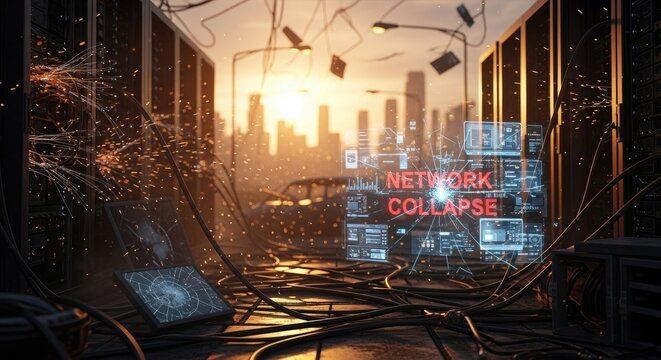 Network collapse in server room with sparks and broken equipment