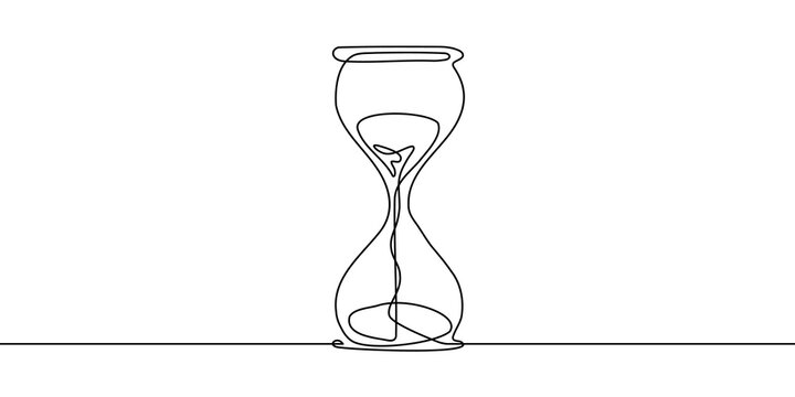 Continuous one line hourglass time sand glass hour clock watch icon. Hourglass one line drawing wait single countdown illustration abstract art concept outline logo background sandglass past linear.