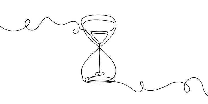 Continuous one line hourglass time sand glass hour clock watch icon. Hourglass one line drawing wait single countdown illustration abstract art concept outline logo background sandglass past linear.