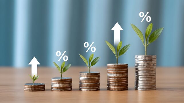 Green leaf plant growing on increasing coin stacking with up arrow for money saving deposit and investment dividend growth concept..
