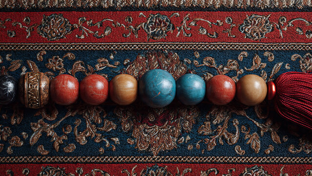 Colorful Tasbih Prayer Beads on Traditional Patterned Fabric Background